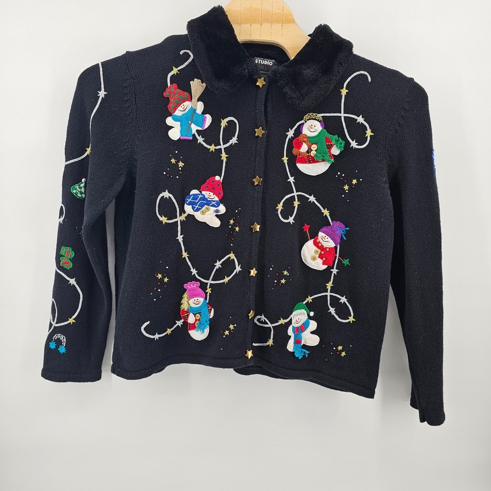 Designer Originals Studio Joy Snowman Cardigan Beaded Embroidered Size XL